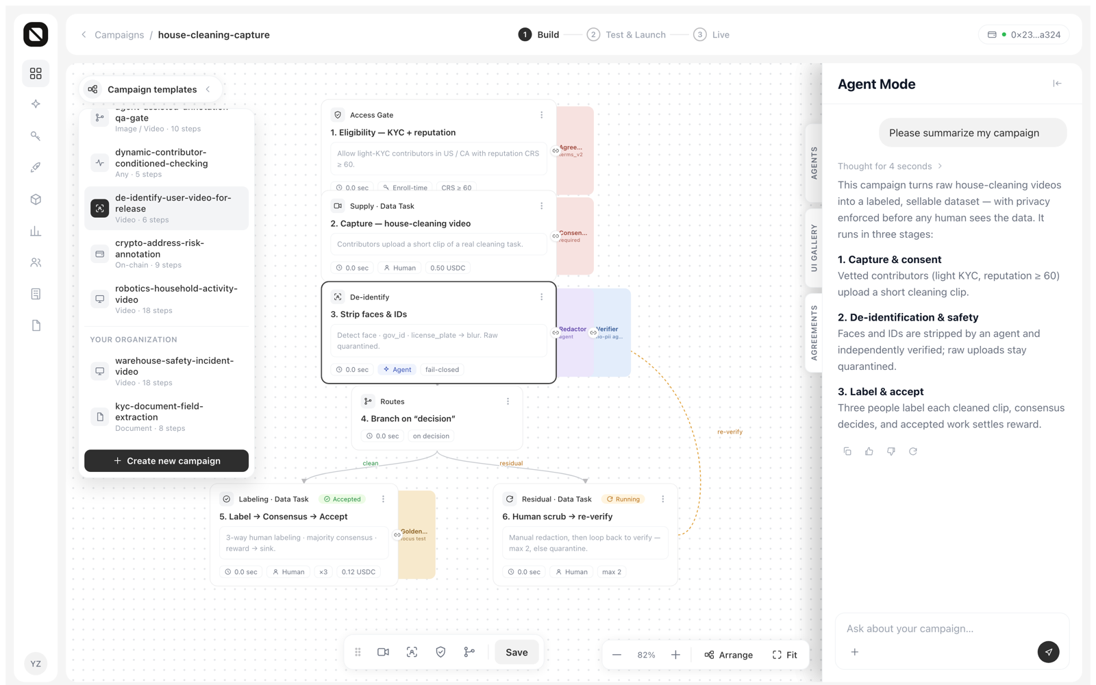 Campaign Builder workflow interface with task routing, path conditions, and agent assistance.